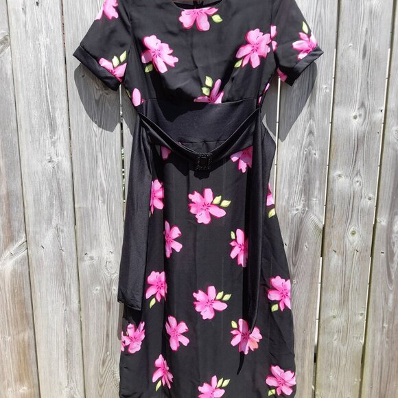 Handmade Dress Black Pink Floral Sheer 36"B 28"W Stretchy Mennonite - Picture 4 of 11